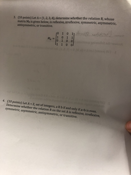  (1,2,3, 4), determine whether the relation R, whose matrix Ma is