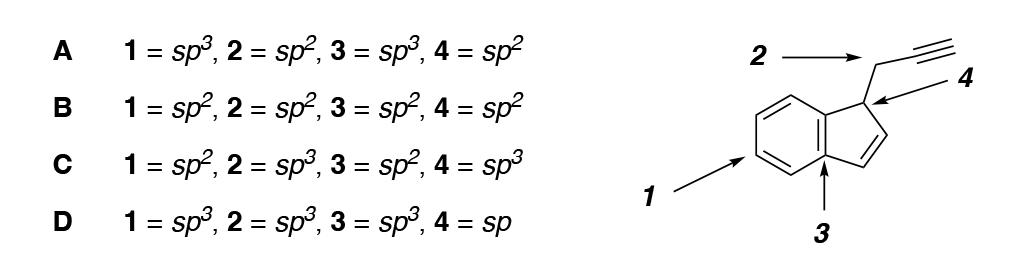 Choose the correct hybridization of every carbon molecule labeled D B D