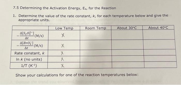 Determine the value for the rate constant, k, for each temperature below