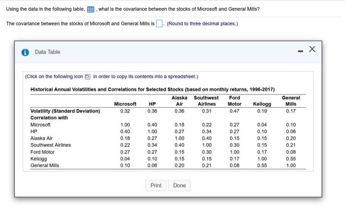  Using the data in the following table, what is the covariance