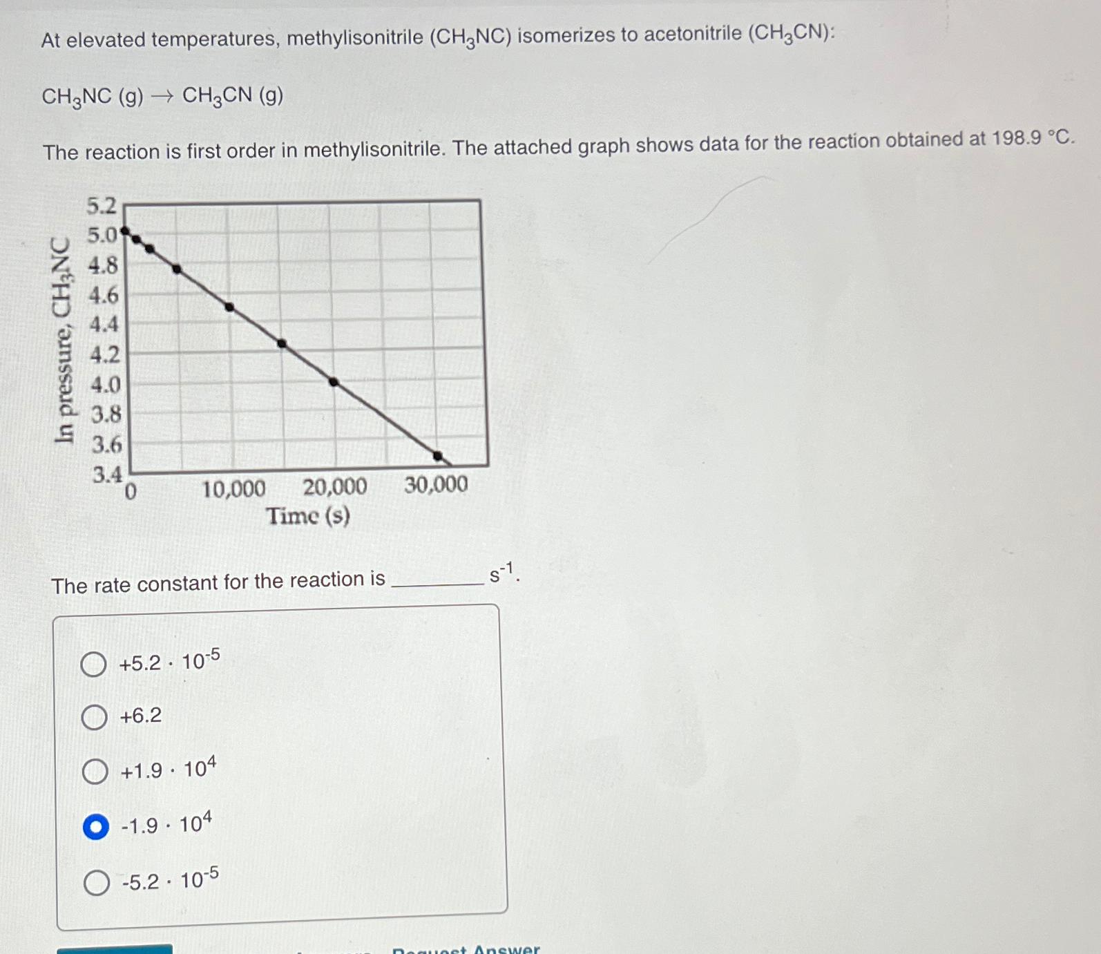  At elevated temperatures, methylisonitrile (CH3NC) isomerizes to acetonitrile (CH3CN) : CH3NC(g)CH3CN(g)