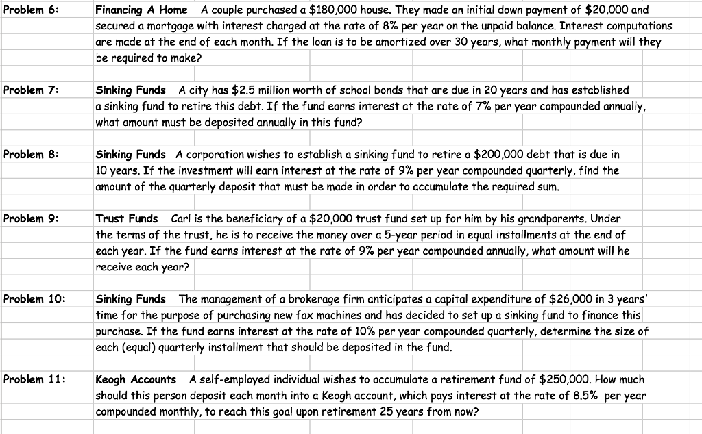 Please show all formulas and work done for every problem Problem 6:Financing