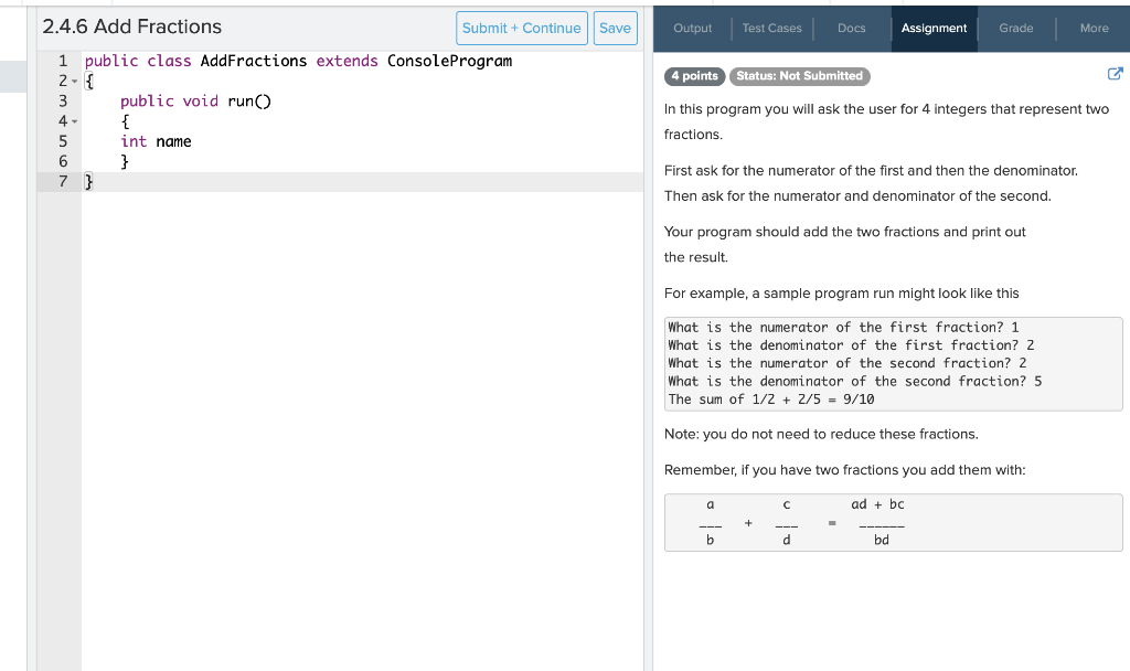  Save Output Test Cases Docs Assignment Grade More points Status: Not