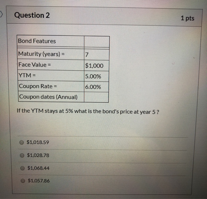  Question 2 1 pts Bond Features Maturity (years) = Face Value