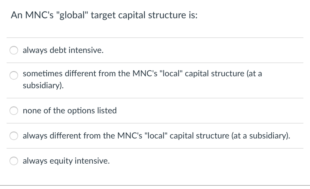 An MNC's "global" target capital structure is: always debt intensive. sometimes