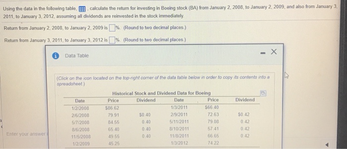  Using the data in the following table, 8B, calculate the return