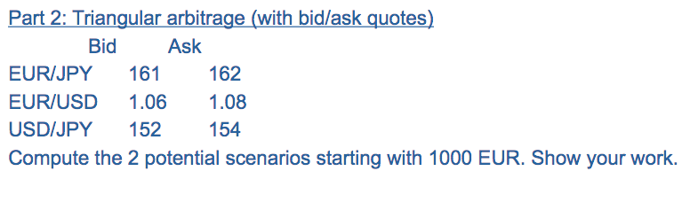  Part 2: Triangular arbitrage (with bid/ask quotes) Bid Ask EUR/JPY 161