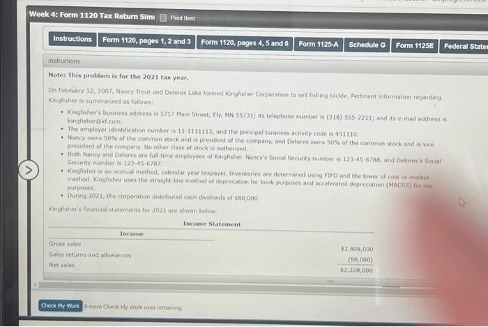  hi Week 4: Form 1120 Tax Return Sim > Instructions Form