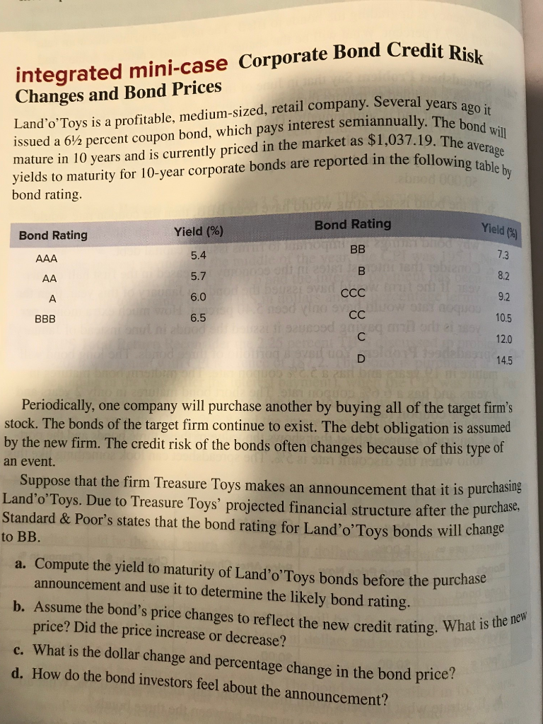 integrated mini-case Corporate Bond Credit Ris Changes and Bond Prices o