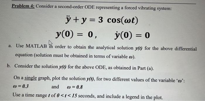  Problem 4: Consider a second-order ODE representing a forced vibrating system: