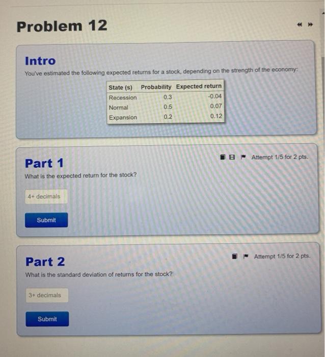  Problem 12 Intro You've estimated the following expected returns for a