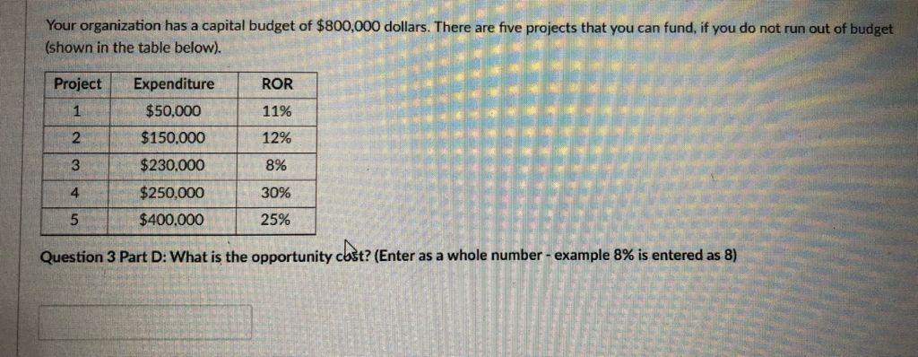 table below). Project ROR 1 11% 2 12% Expenditure $50,000 $150,000 $230,000
