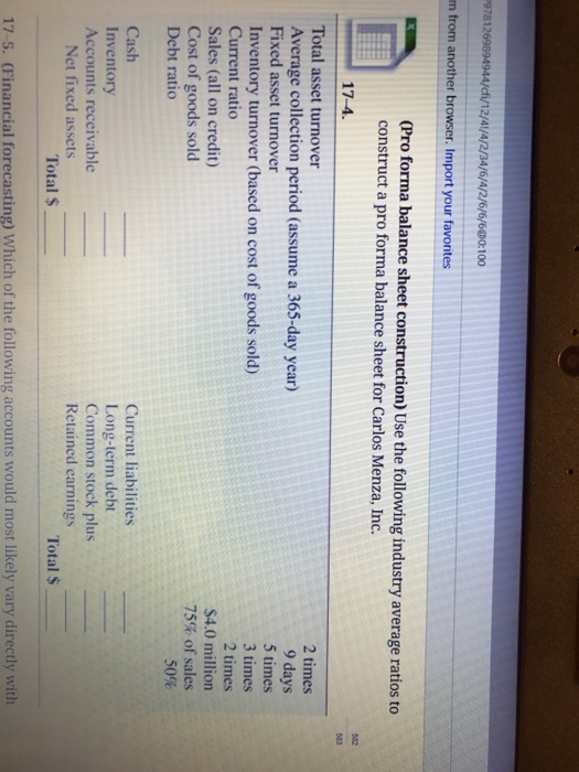  Use the following industry average ratios to construct a pro forma