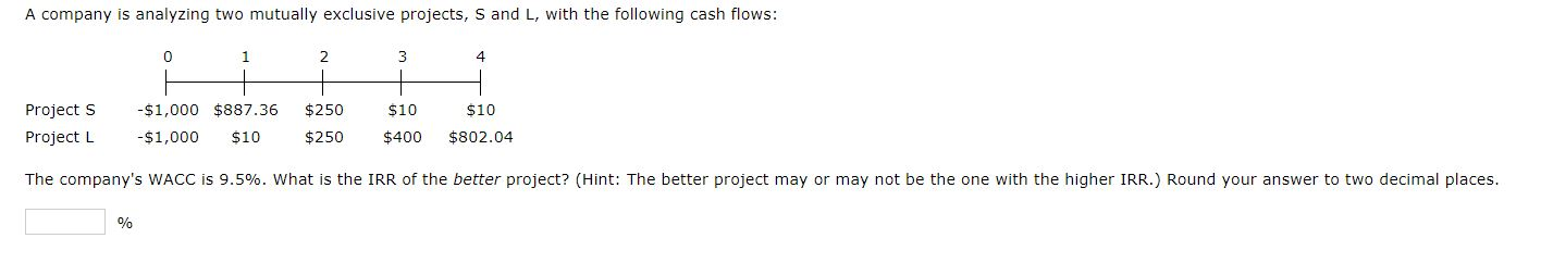 A company is analyzing two mutually exclusive projects, S and L,