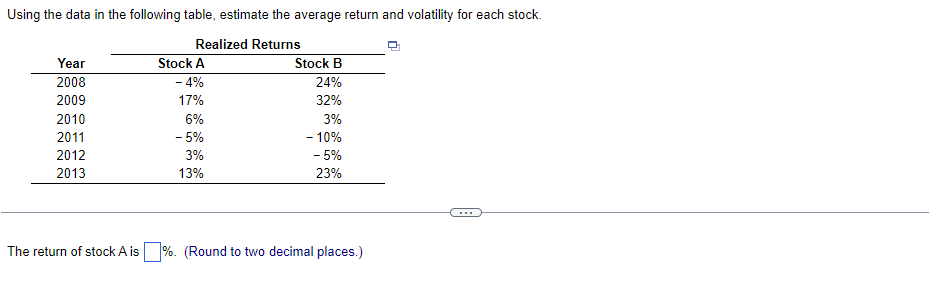  Using the data in the following table, estimate the average return