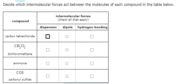 Mark answer on page Decide which intermolecular forces act between the molecules