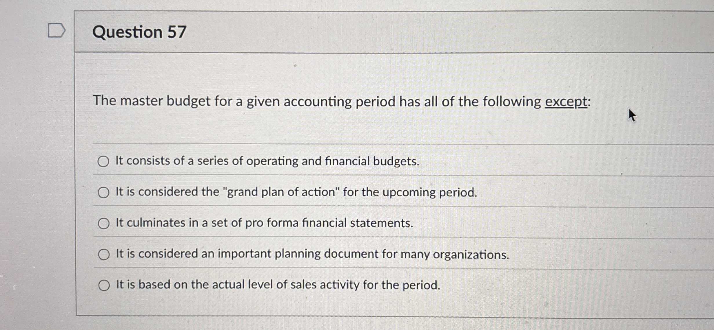  Question 57 The master budget for a given accounting period has
