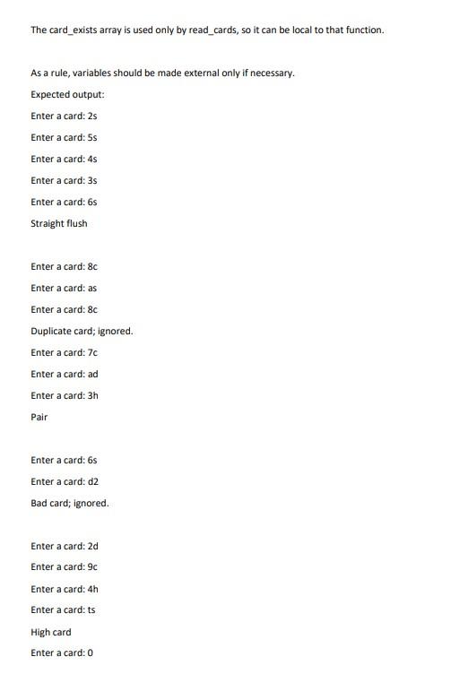 program classifies a poker hand. Each card in the hand has a