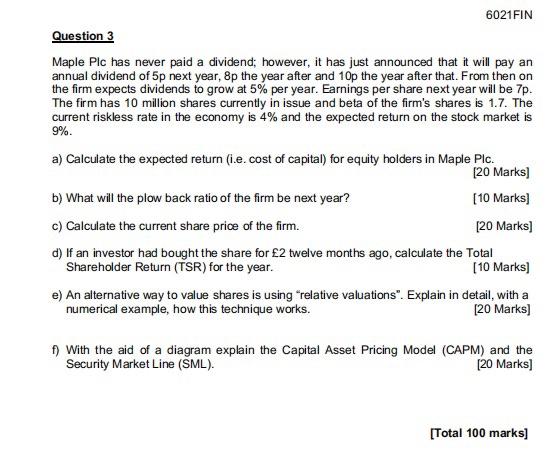 can you answer d e f 6021FIN Question 3 Maple Plc has