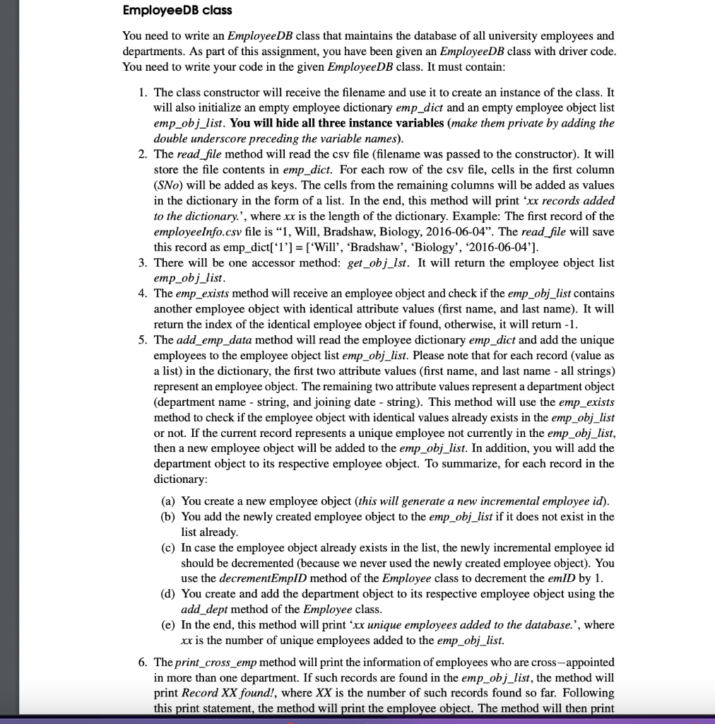 please help me with this in python EmployeeDB class You need to