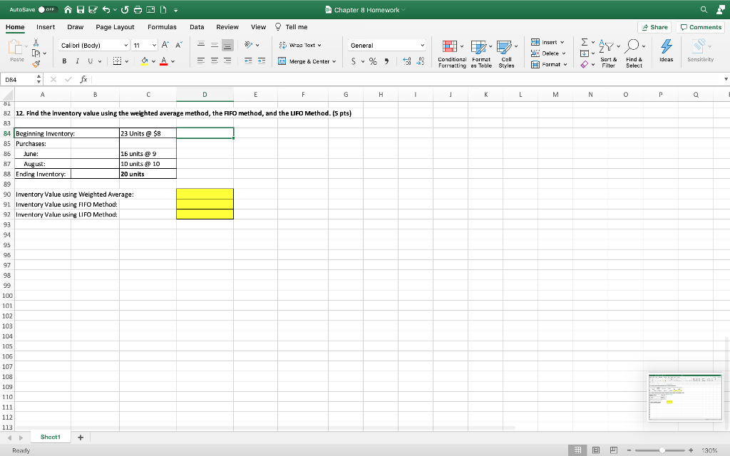 AutoSave OFF Chapter 8 Homework Home Insert Draw Page Layout Formulas