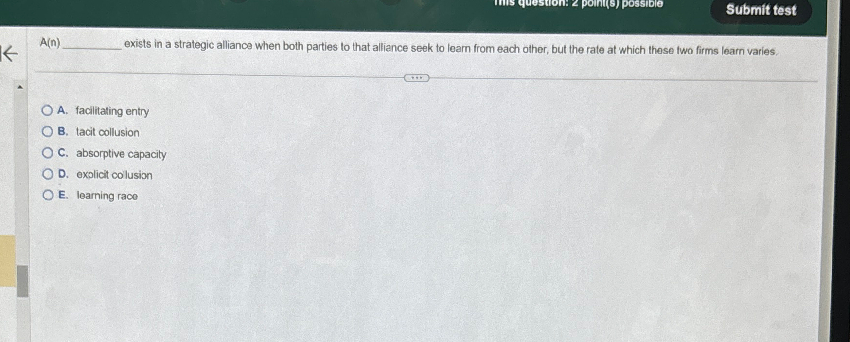  A(n) exists in a strategic alliance when both parties to that
