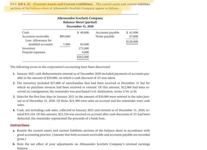  E5.9 (LO 1, 2) (Current Assets and Current Liabilities) The current