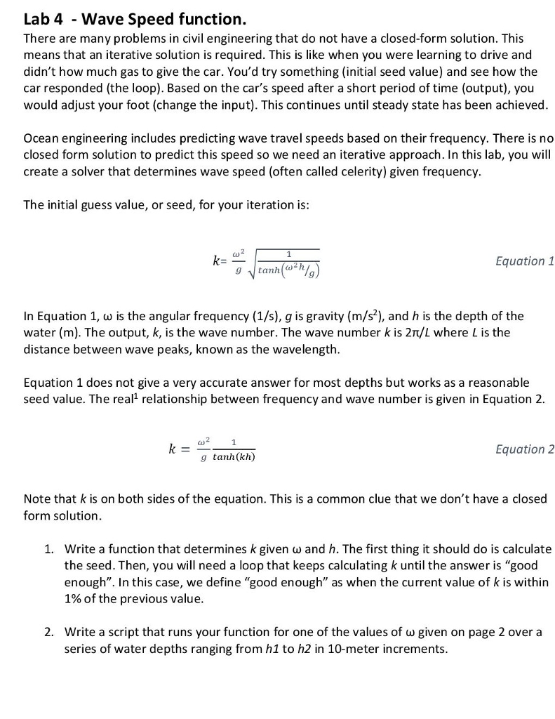 Matlab Lab 4 - Wave Speed function. There are many problems in