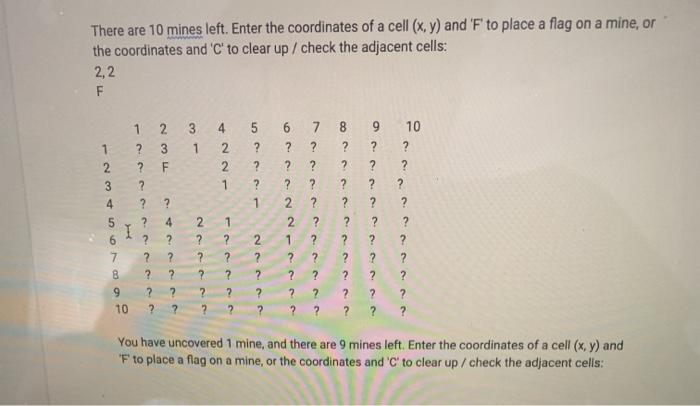 coordinates of the first cell to uncover. The game shows the resulting