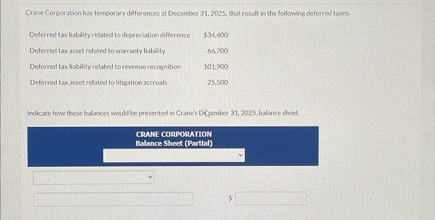  Crane Corporation has temporary differences at December 31,2025, that result in