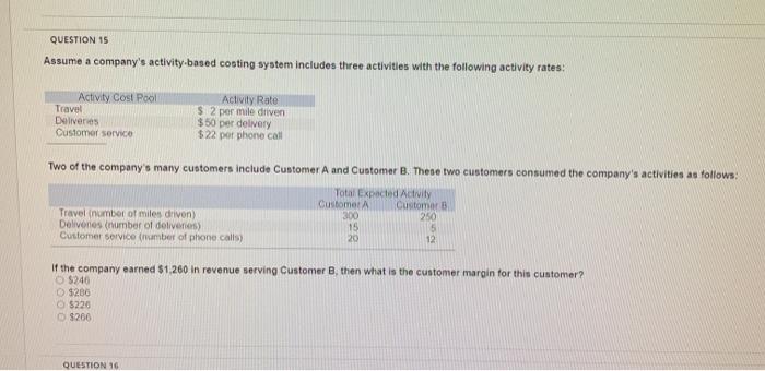  QUESTION 15 Assume a company's activity based costing system includes three