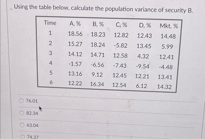  Using the table below, calculate the population variance of security B.