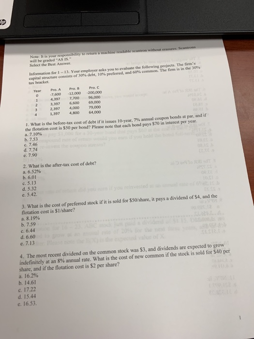  OD bility to return a machine readable scantron without ex Note: