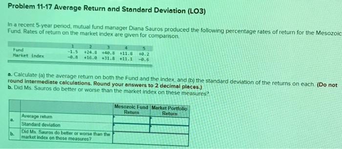  Problem 11-17 Average Return and Standard Deviation (LO3) In a recent