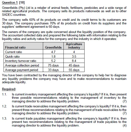  4 1.8 5.2 Question 1 [18] Greenfields (Pty) Ltd is a