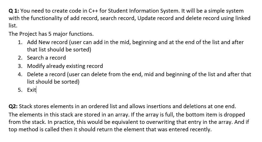 DSA C++ Q 1: You need to create code in C++ for