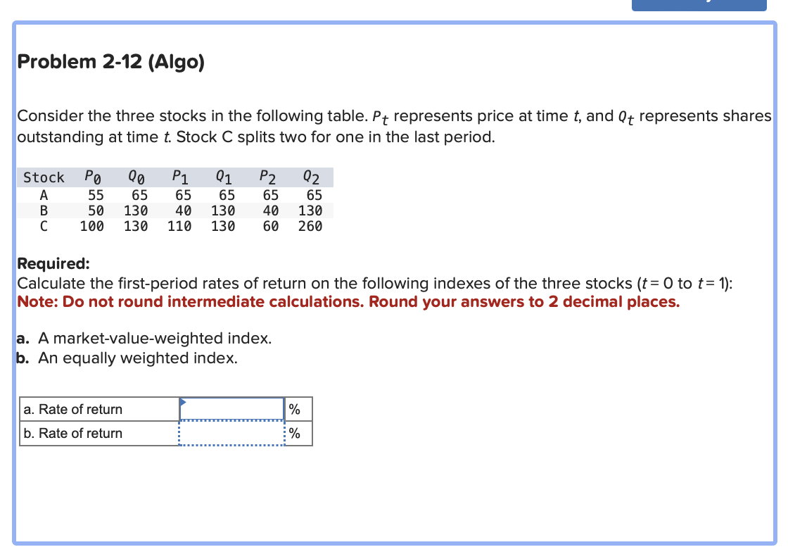  Problem 2-12(Algo) Consider the three stocks in the following table. Pt