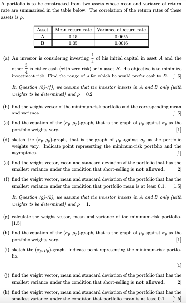 A portfolio is to be constructed from two assets whose mean