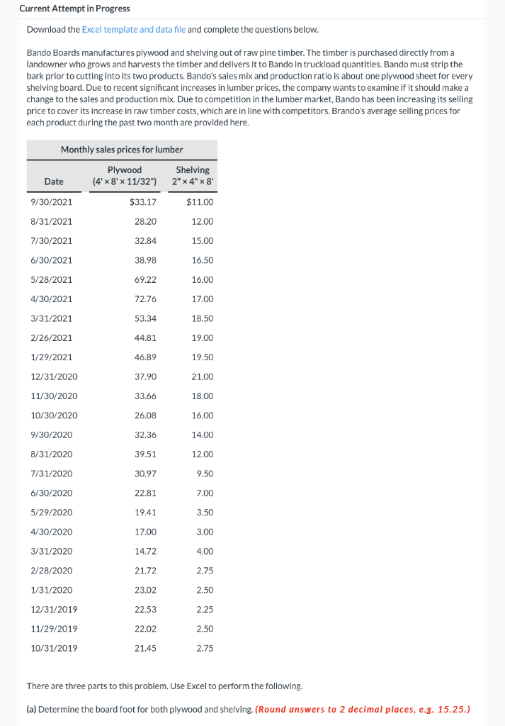 Current Attempt in Progress Download the Excel template and data file
