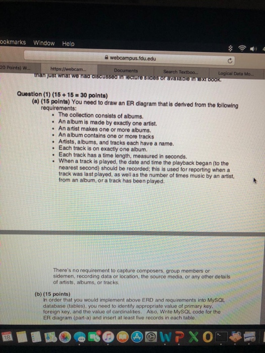  ookmarks Window Help webcampus.fdu.edu 20 Points) W https://webcam... Logical Data Mo...