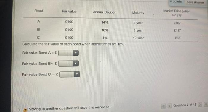  4 points Save Answer Bond Par value Annual Coupon Maturity Market