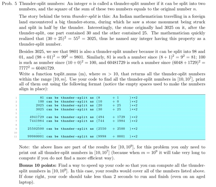  Please help me with this problem in Python! Prob. 5 Thunder-split