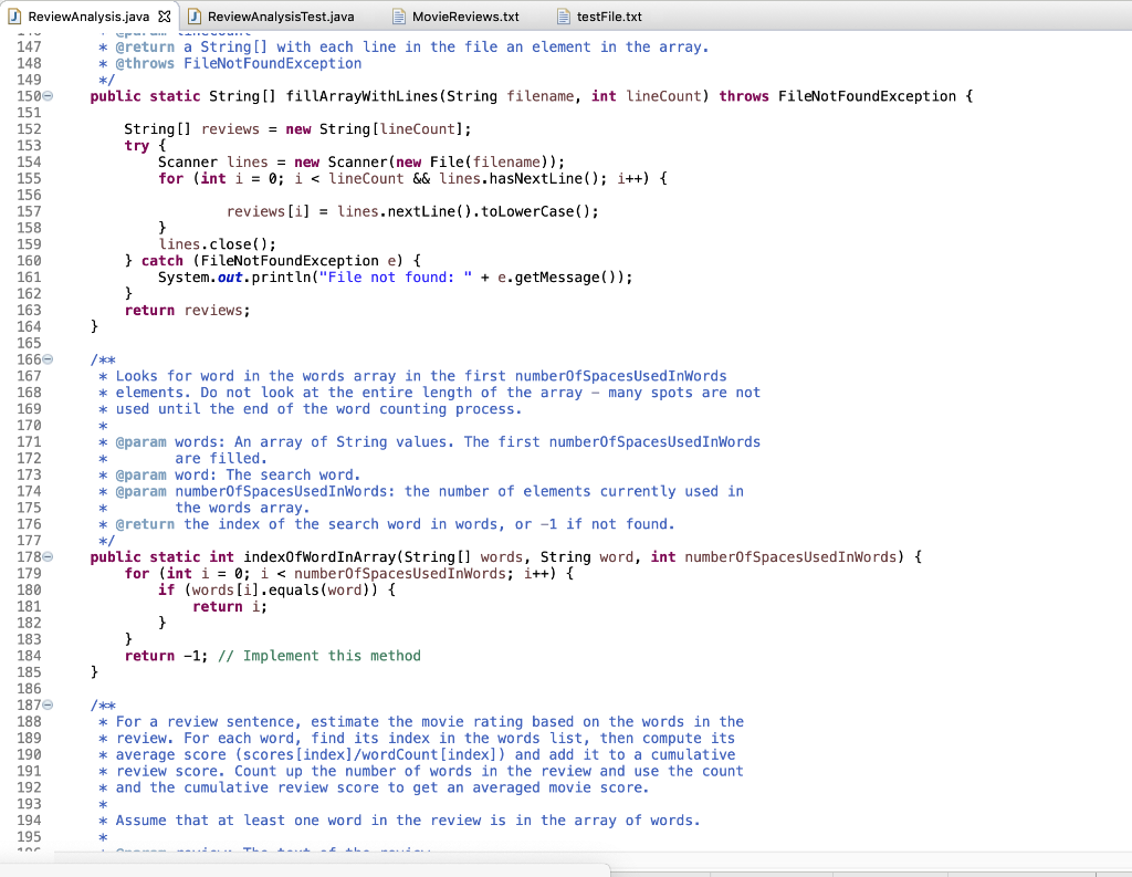 score: D ReviewAnalysis.java ) D ReviewAnalysisTest.java E MovieReviews.txt testFile.txt 1 package a6;