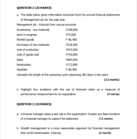  QUESTION 2 [20 MARKS] a. The table below gives information extracted