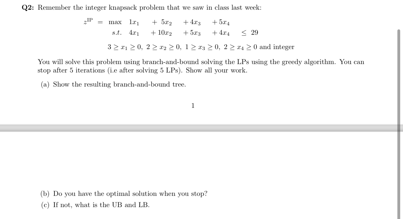  Q2: Remember the integer knapsack problem that we saw in class