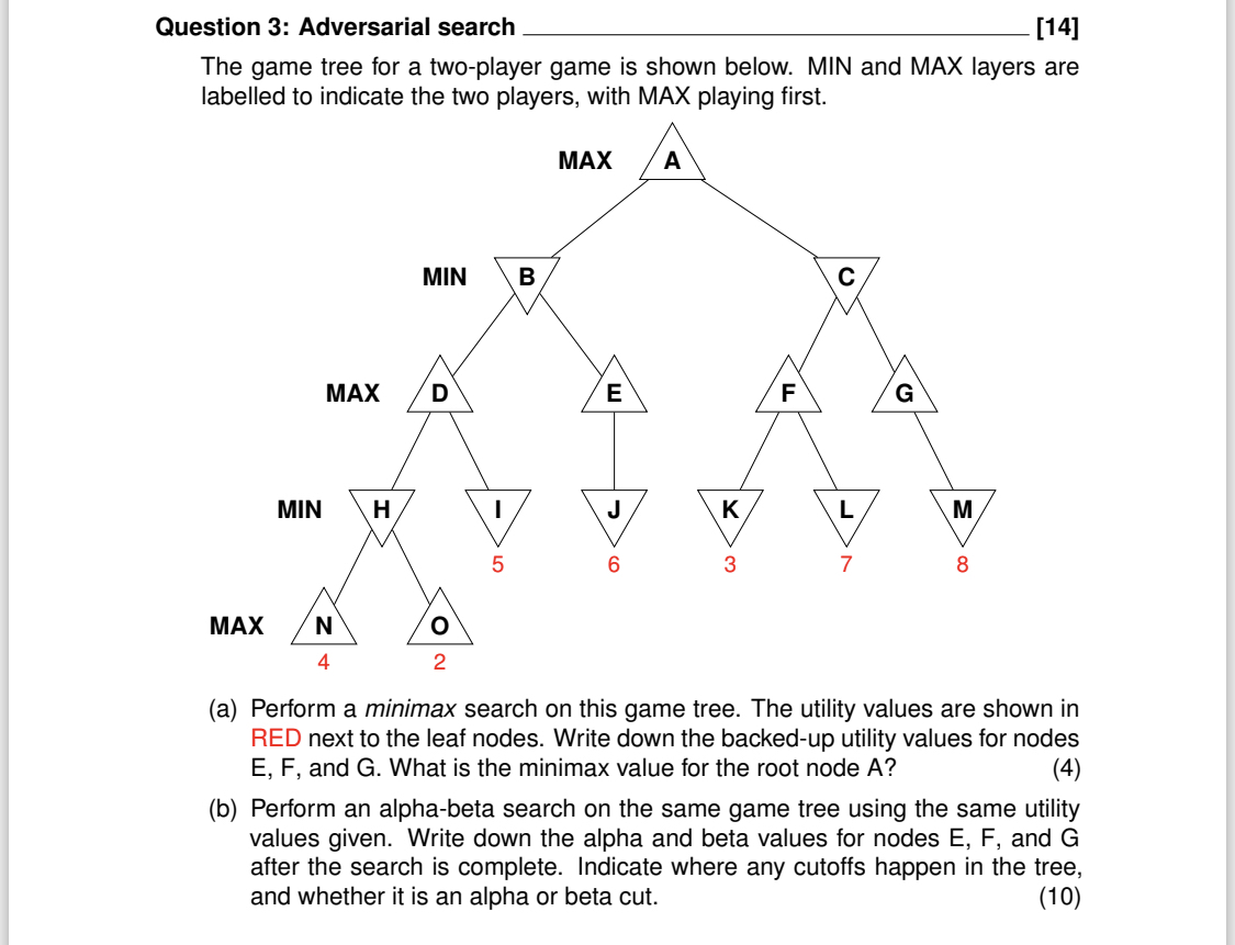  Question 3: Adversarial search [14] The game tree for a two-player