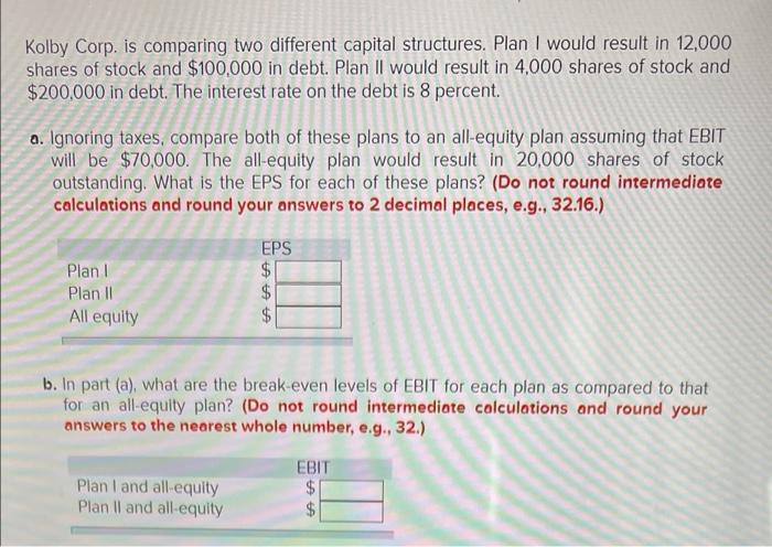  Kolby Corp. is comparing two different capital structures. Plan I would