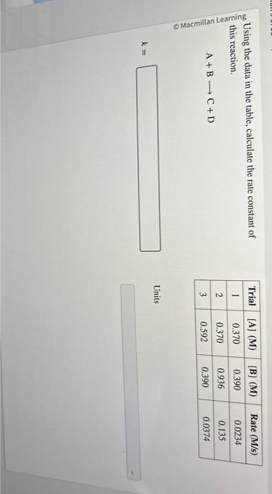  Using the data in the table, calculate the rate constant of