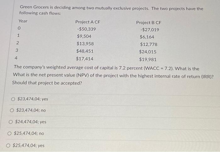  Green Grocers is deciding among two mutually exclusive projects. The two