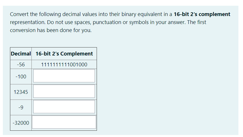 Convert the following decimal values into their binary equivalent in a 16-bit
